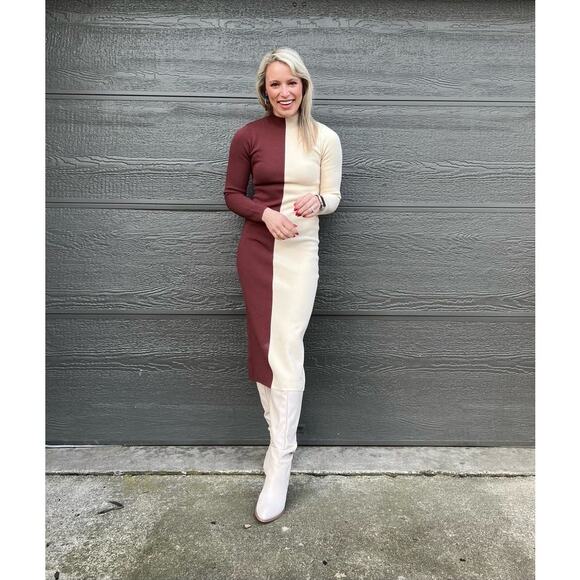 RONNY KOBO COLLECTIVE Brown White Colorblock Knit Sweater Dress Size XL